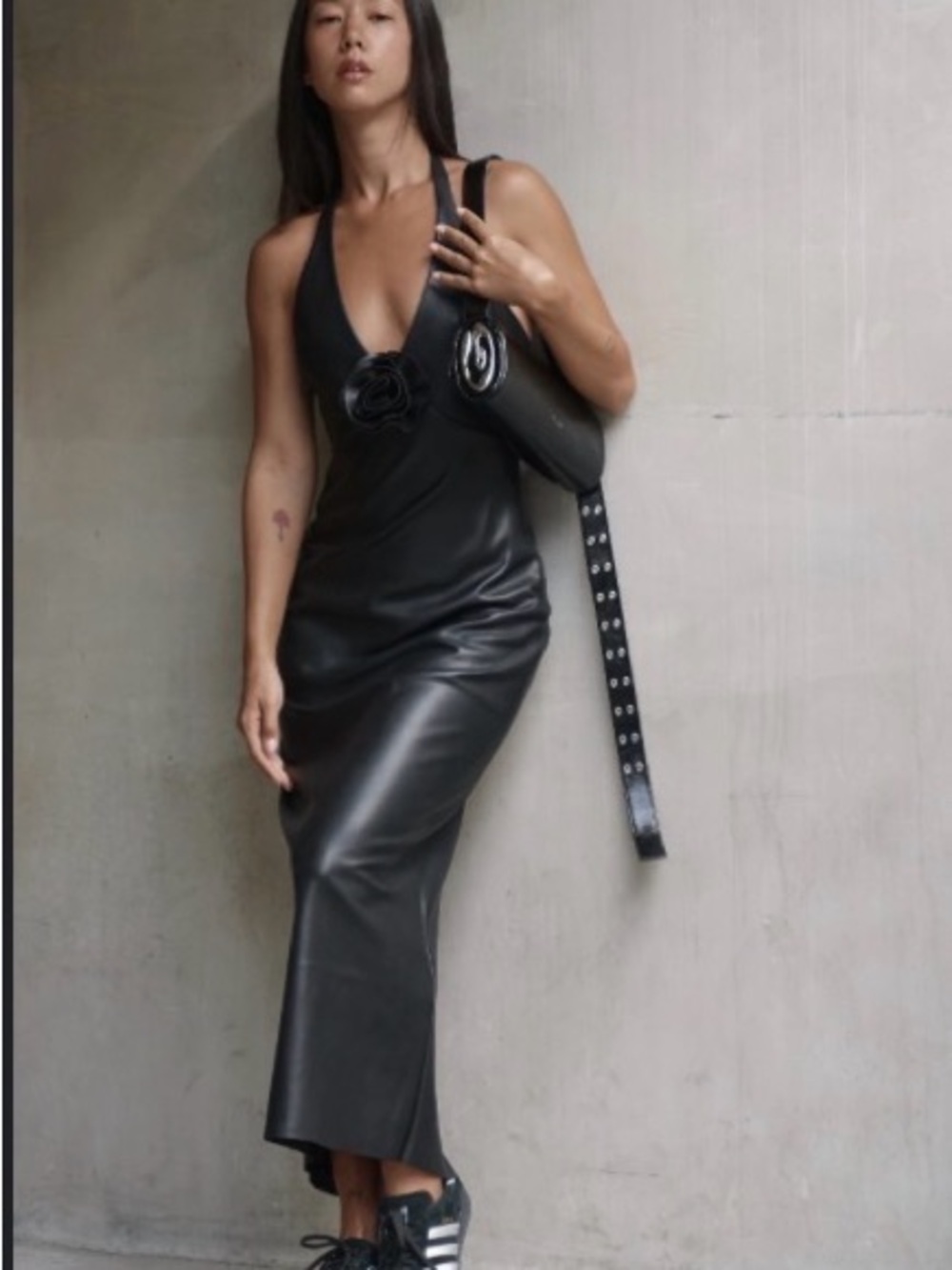 Meshki Black Faux Leather Halter Midi Dress